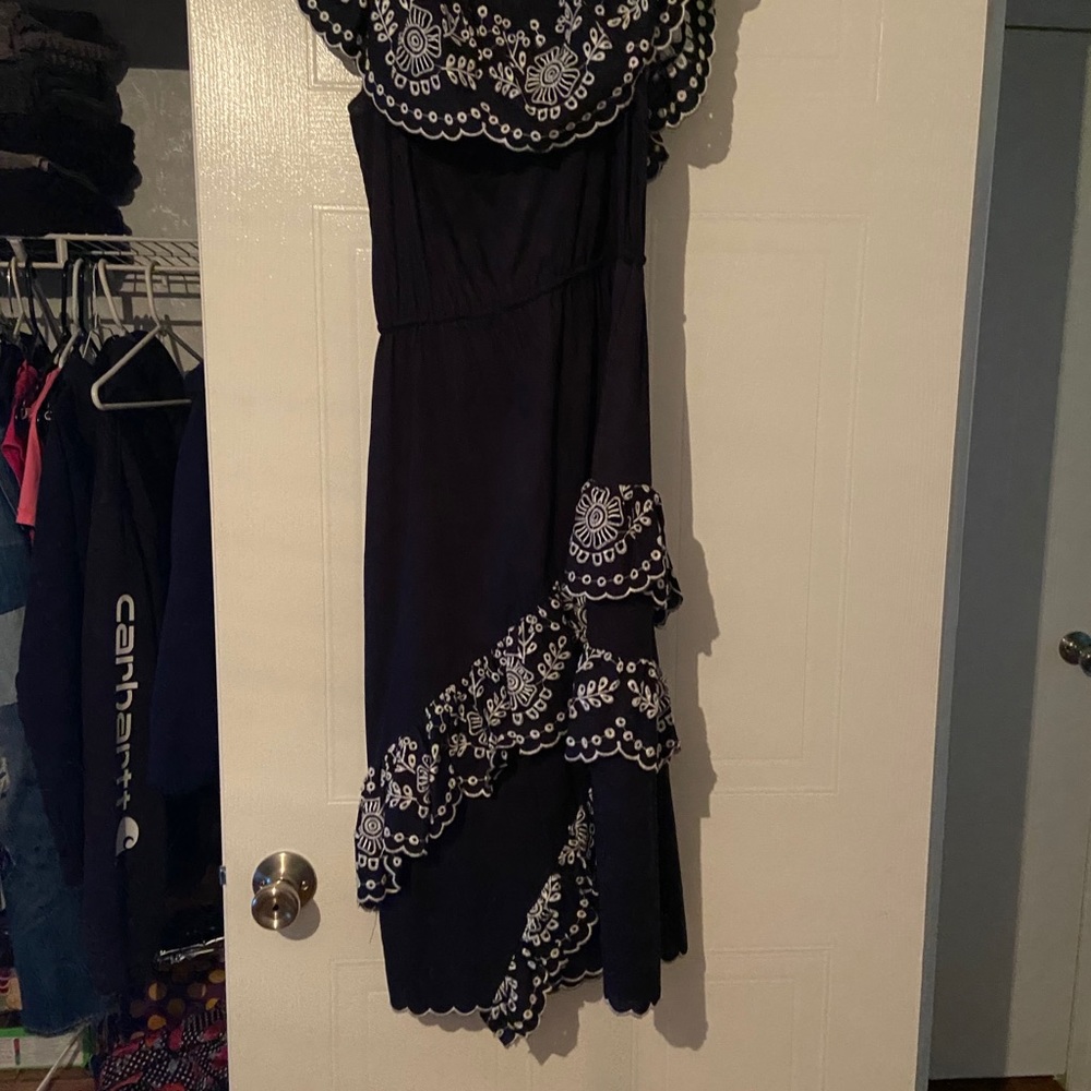 Dark blue and white trim dress